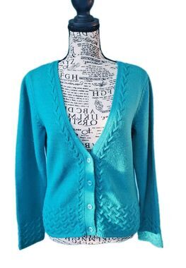 Petite Sophisticate Cardigan Small 100% Merino Wool Teal Blue Cable Knit Trim